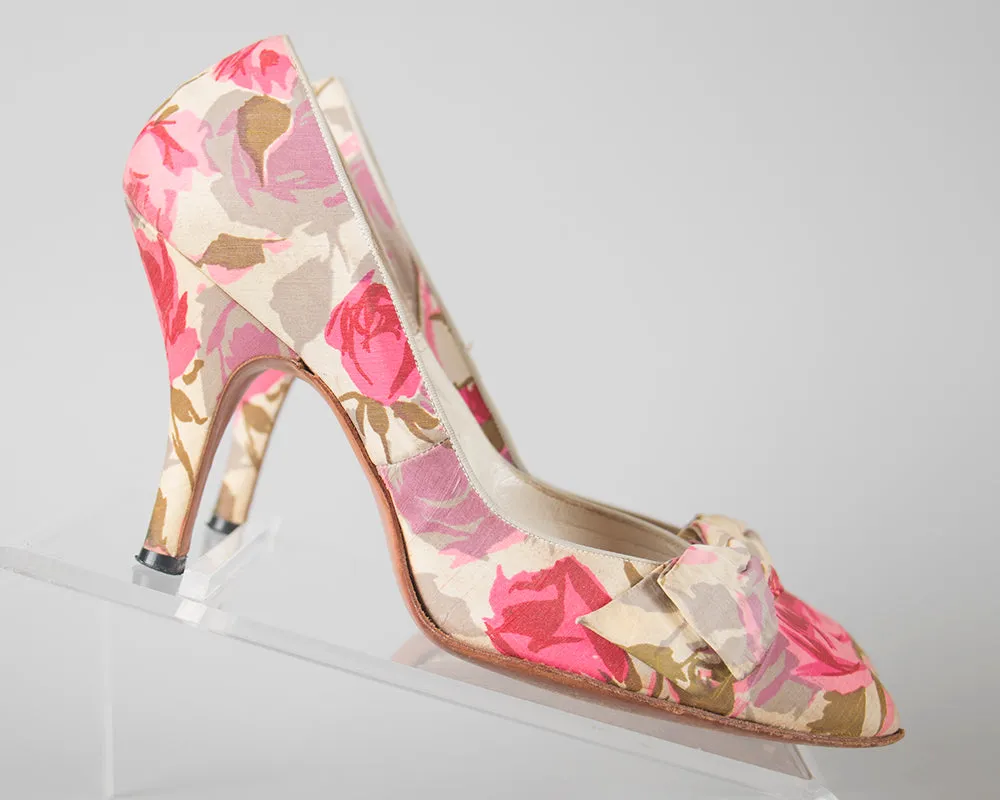 1950s Pink Silk Rose Heels | size 5/5.5