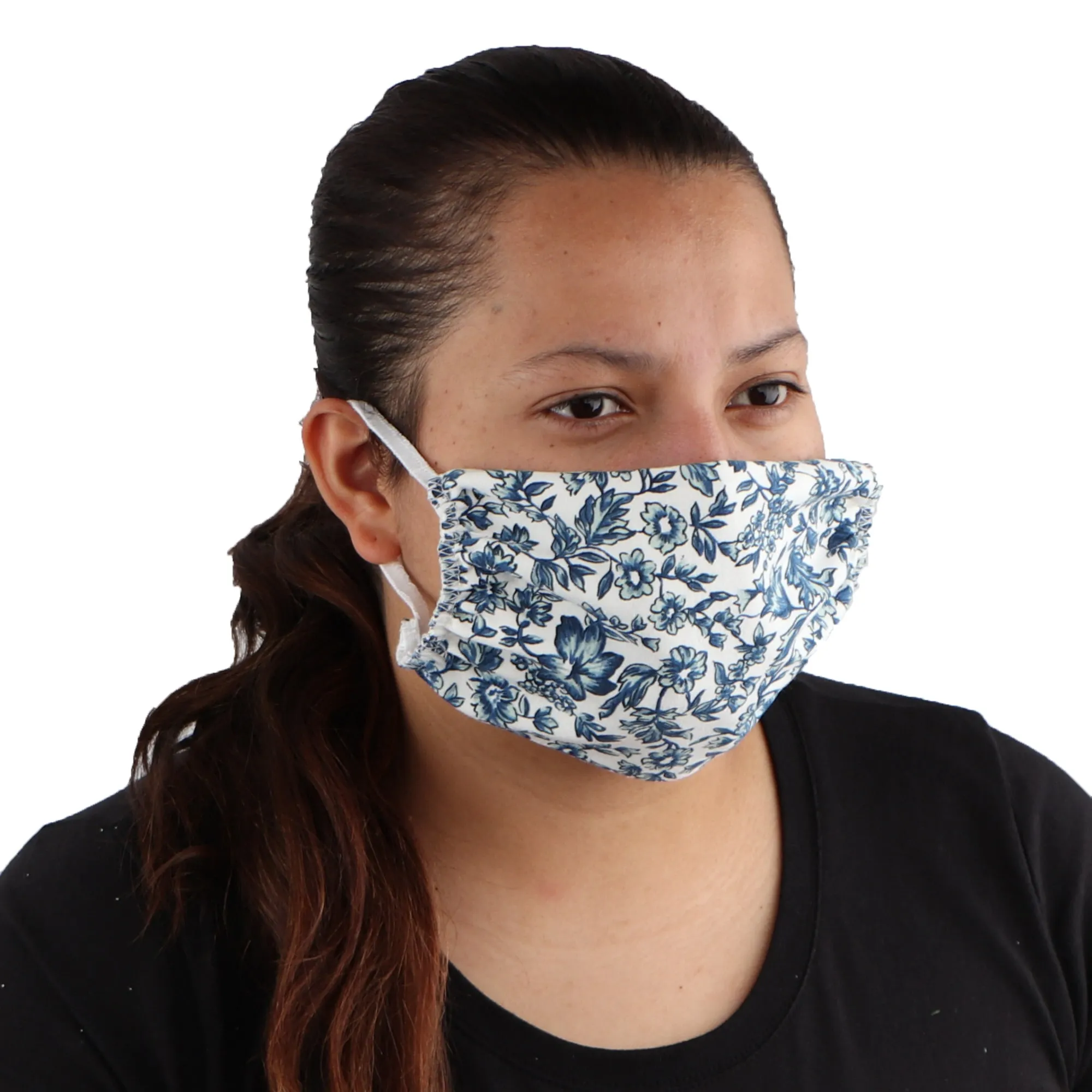 2 Ply Face Mask MADE IN USA Cotton Pattern Washable Masks and Neck Gaiter Matching Set (Blue Flowers)