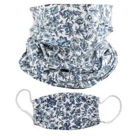 2 Ply Face Mask MADE IN USA Cotton Pattern Washable Masks and Neck Gaiter Matching Set (Blue Flowers)