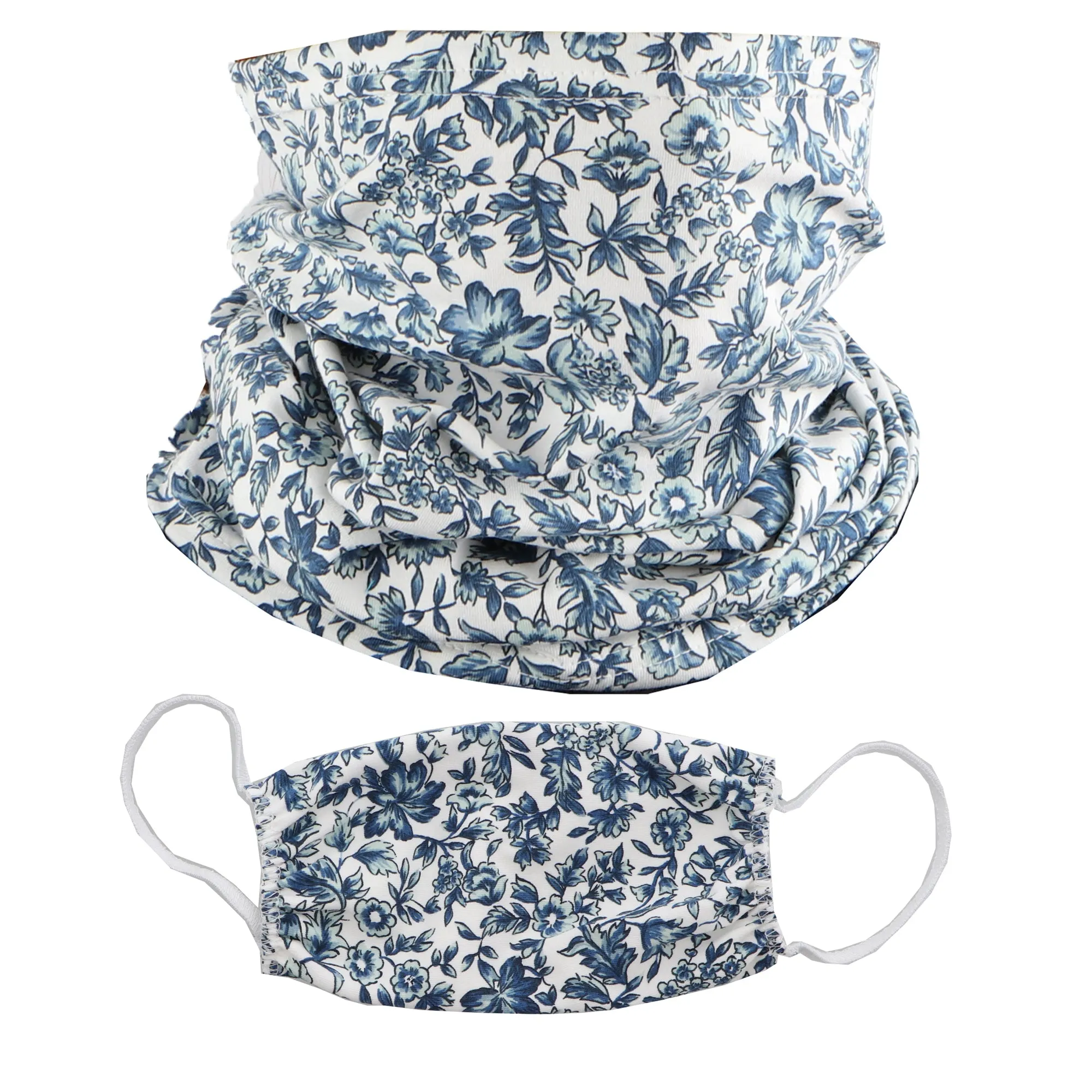 2 Ply Face Mask MADE IN USA Cotton Pattern Washable Masks and Neck Gaiter Matching Set (Blue Flowers)