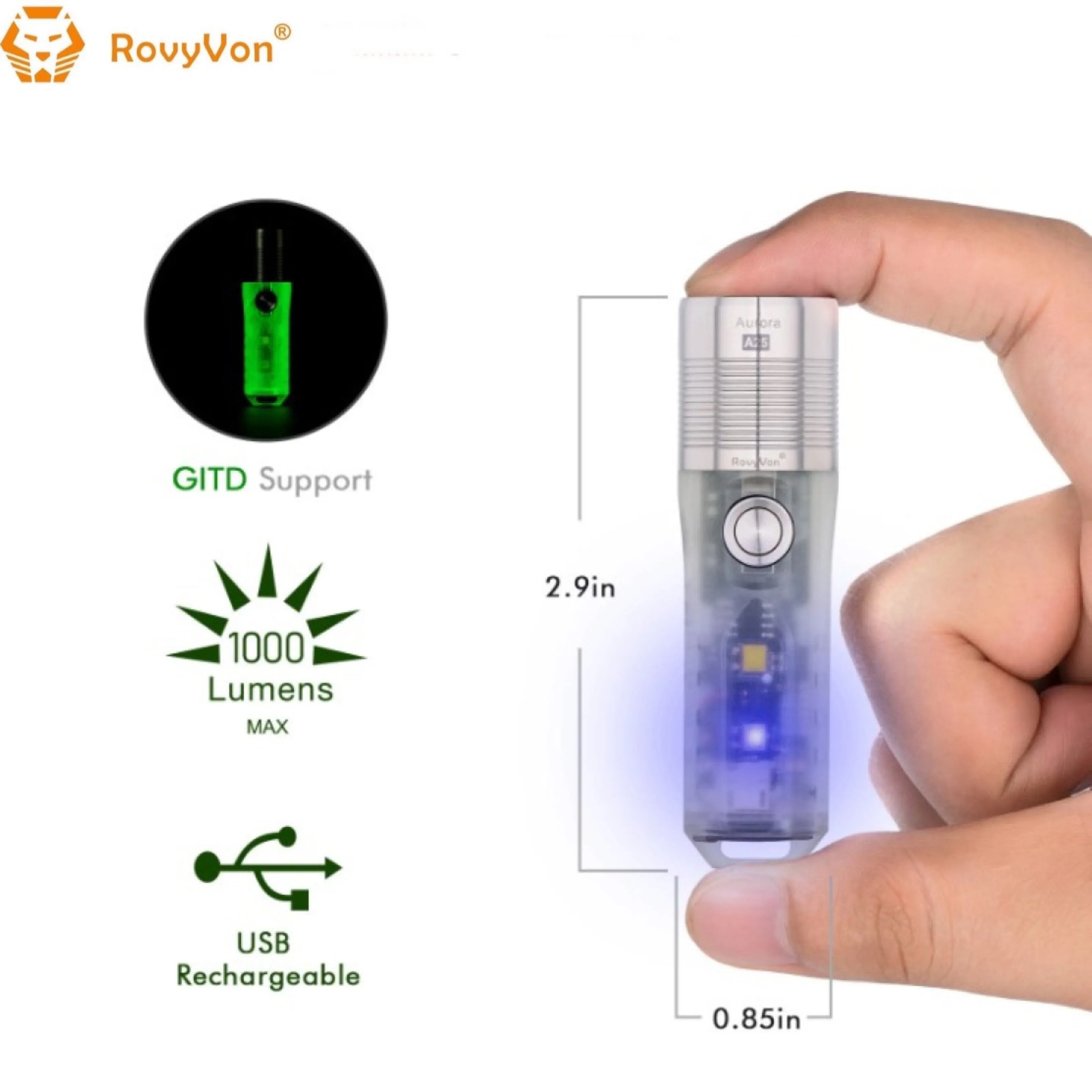 RovyVon Aurora A25 White/UV Green GITD 1000 Lumens EDC Keychain Flashlight