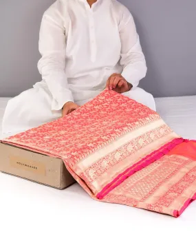 Shot Pink-Orange Banarasi Shikargah Cutwork Brocade Handwoven Katan Silk Saree with Elephant Trail Border