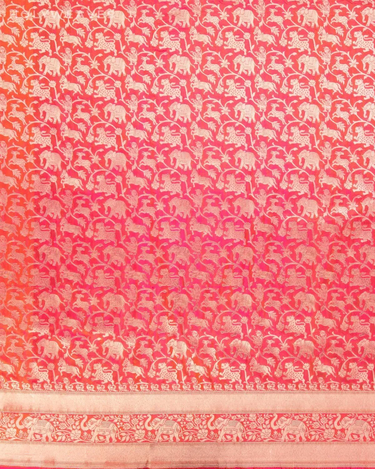 Shot Pink-Orange Banarasi Shikargah Cutwork Brocade Handwoven Katan Silk Saree with Elephant Trail Border