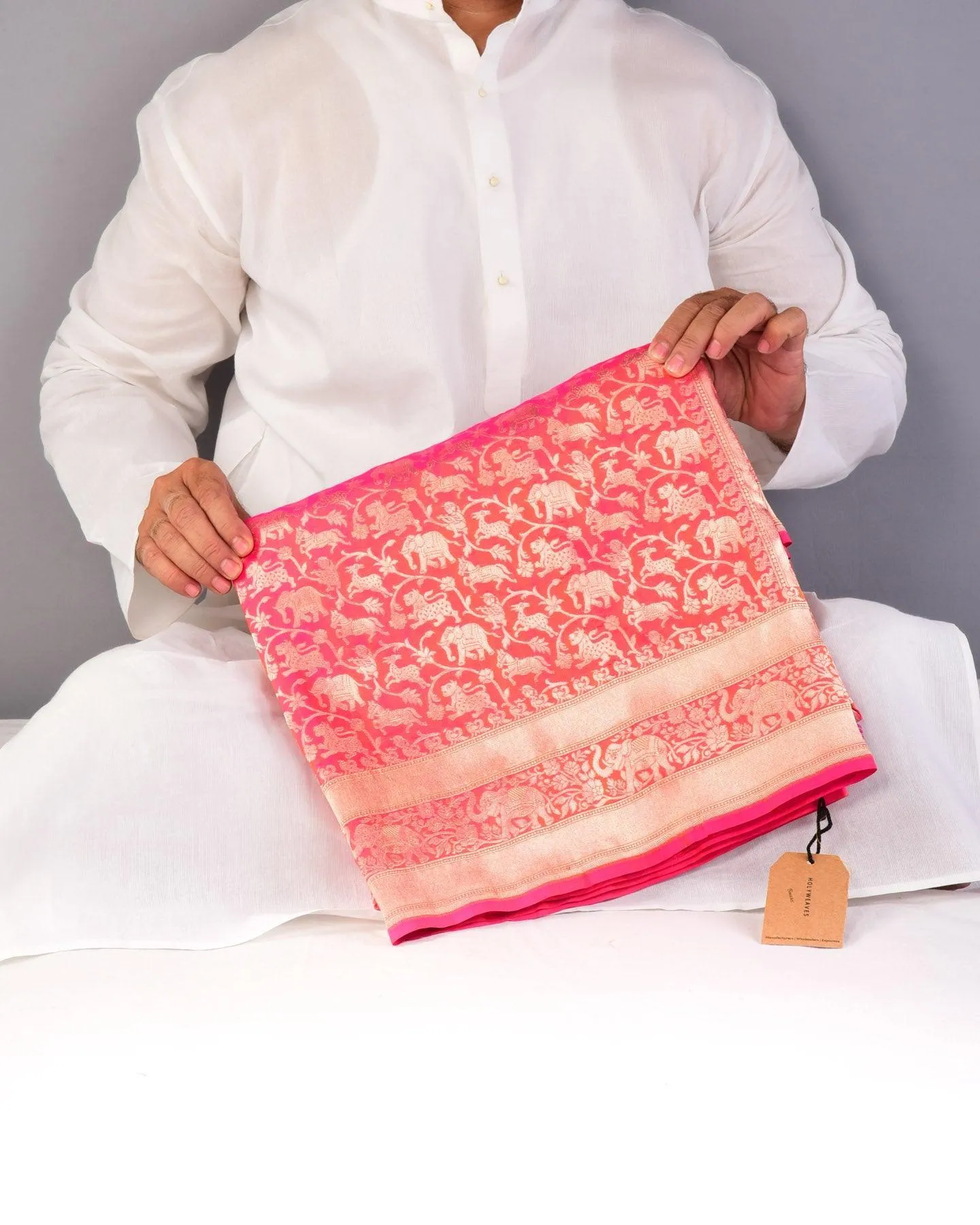 Shot Pink-Orange Banarasi Shikargah Cutwork Brocade Handwoven Katan Silk Saree with Elephant Trail Border