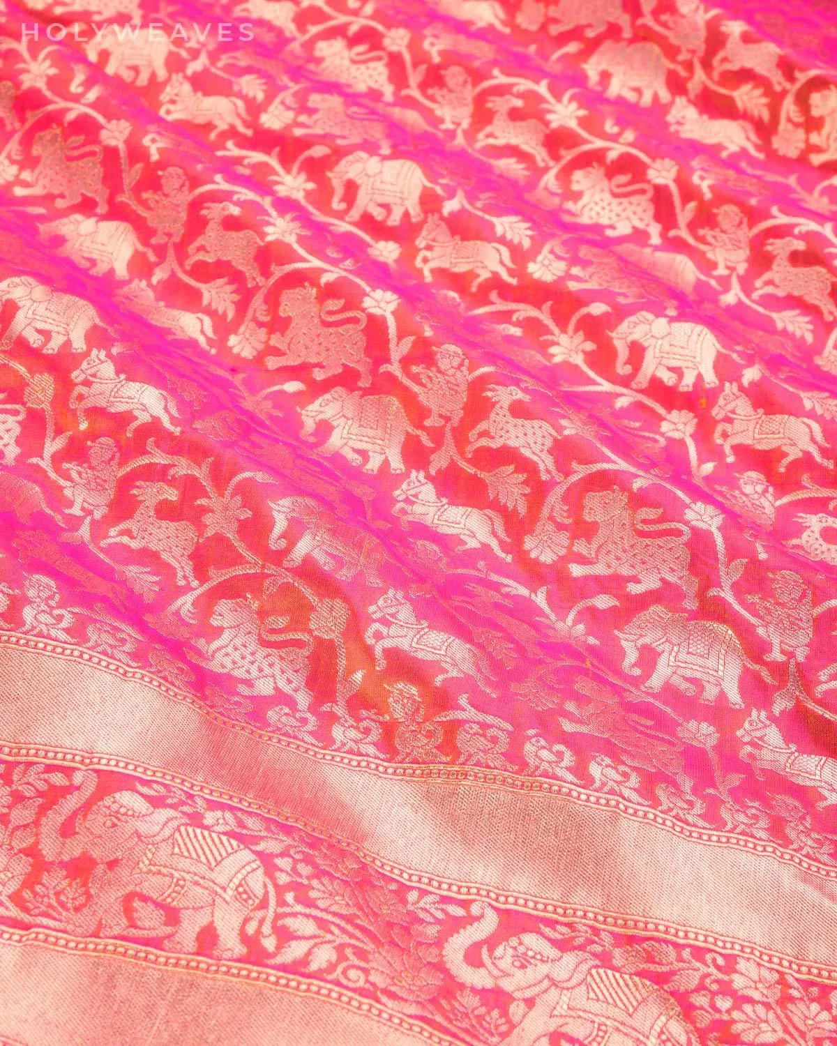 Shot Pink-Orange Banarasi Shikargah Cutwork Brocade Handwoven Katan Silk Saree with Elephant Trail Border