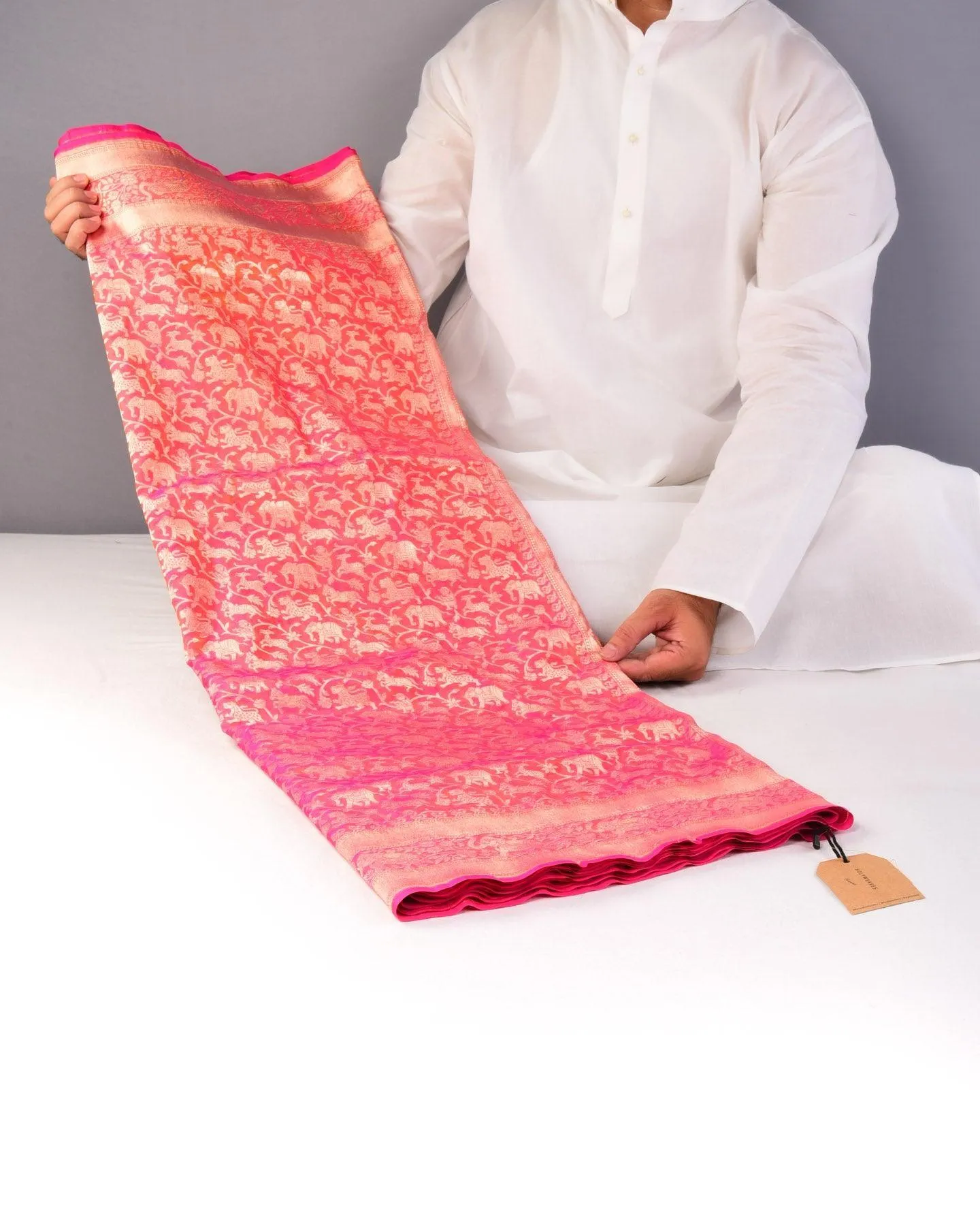 Shot Pink-Orange Banarasi Shikargah Cutwork Brocade Handwoven Katan Silk Saree with Elephant Trail Border